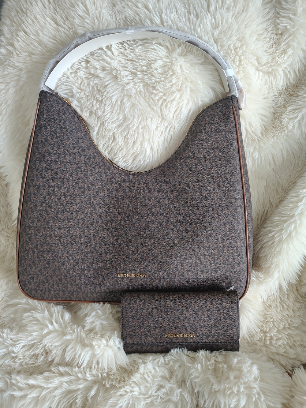 Michael Kors Nayla Brown Monogram Shlder Hobo with Wallet Set NWT